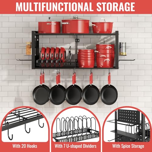 31 Inch Pot Rack Wall Mounted，3 in 1 Pots and Pans Organizer with 2 tier Kitchen Racks & Pot Lid Organizer Holder and 20 Hooks,Heavy Duty Hanging Pot Hanger for Kitchen Cookware, Utensils, Black - style: with Pot Lid Holder