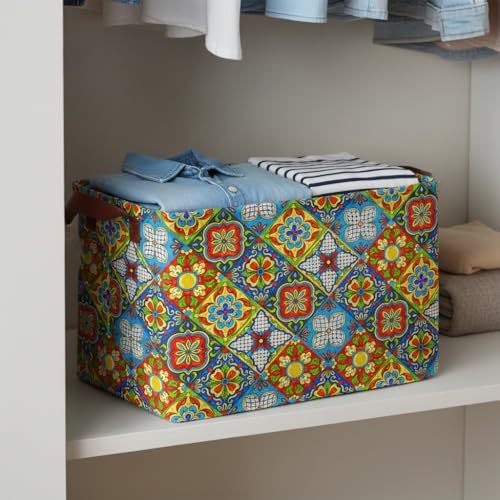 Mexican Talavera Decor Storage Basket Waterproof Canvas Toy Storage Bin Mexican Decor For Home Collapsible Outdoor Basket with Leather Handles Mexican Gifts Blanket Baskets For Closets,Bedrooms - color: Mexican Talavera Decor