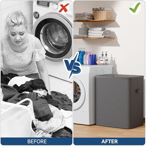 Dual Section 90 liter/23.8 gallon Laundry Hamper Separation Basket with lid, 2 Removable Washing Bags with Handles,Large Laundry Sorter for Easy Clothes Separation - Dark Gray - size: 2 Section,Dark Gray