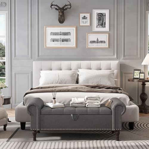 Apicizon 51” Bench with Storage, Upholstered Tufted Button Bedroom Bench with Storage, Faux Leather End of Bed Bench with Rolled Arms, Storage Ottoman Bench for Bedroom, Living Room, Entryway, Gray - color: A-grey, size: 51 Inches