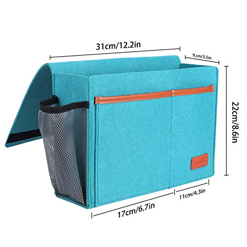 Bedside Caddy, Bed Storage Organizer for Remote Controller, Books, Magzine, Laptop Holder, 12.4'' x 8.6'' inch Bedside Hanging Felt Storage Bag for Dorm Bed with 5 Pockets, Celadon - color: Celadon