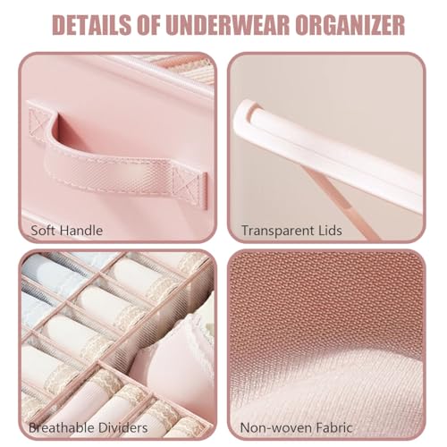 2 Pack Drawer Organizer Dividers with Lid, 17 Cell Underwear Organizer for Closet Organizers and Storage Boxes, Foldable Wardrobe Clothes Storage Bins for Underwear, Socks, Bras, Ties, Lingerie - color: Pink