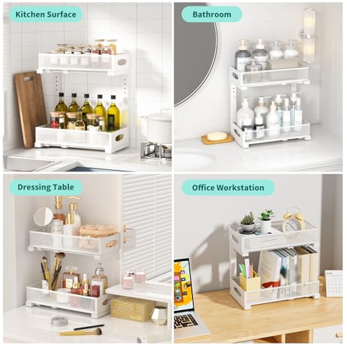 Under Sink Organizer, 2 Pack 2 Tier Metal Slide Out Pull Out Cabinet Organizer Shelf, Height Adjustable Organization and Storage Series, Bathroom/Desktop/Cabinet/Kitchen organization, White - color: White - Double Pack, size: Standard Version