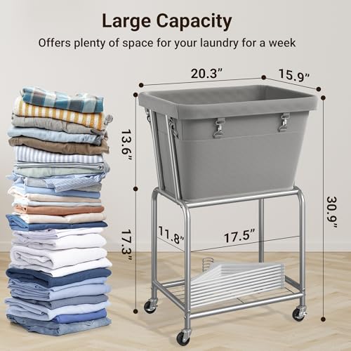 ELYKEN Rolling Laundry Hamper with Wheels, Laundry Cart with Removable Bag, Heavy Duty Metal Frame, 2-Tier Clothes Basket Hamper with Shelf for Closet, Bedroom, Bathroom, Laundry Room, Gray - color: Gray, size: 20.3"l X 15.9"w X 30.9"h