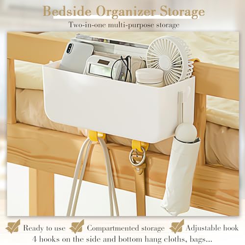 Nitial 2 Pcs Bunk Bed Shelf Hanging Storage Bedside Organizer with Hooks Multi Pockets Plastic Bedside Caddy for Dorm Bed Phone Glasses Rv Loft Bathroom Camper Handrail Book Accessories (White)