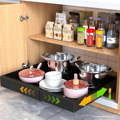Mlinavn Pull Out Cabinet Organizer 21" Deep Expandable Slide Out Drawer Organizers,No Drill Roll Out Drawers Adhesive with Nano Compatible Framed Cabinets Shelves for Kitchen Pantry Adjustable Width - color: Black, size: 21"D x12.4"-20.47"W (1 Pack)