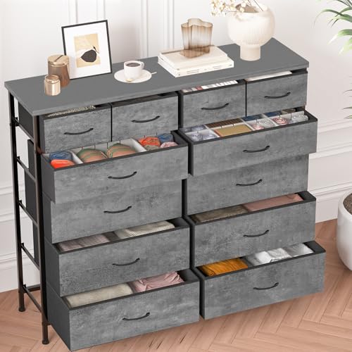 VASICAR Gray Dresser for Bedroom with 12 Deep Drawers, Wide Chest of Drawers, Wood Top TV Stand, Tall Fabric Storage Cabinet for Closet, Nursery, Kid's Room - color: Carbon Grey