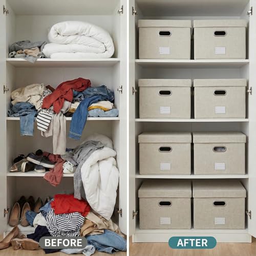 PRANDOM Storage Bins with Lids [3-Pack] Linen Fabric Foldable Storage Boxes Organizer Containers Baskets Cube with Cover for Bedroom Closet Office Beige (23.4X15.9X11.4) - color: Beige, size: XL(3-Pack)