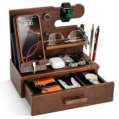 TESLYAR Wood Phone Docking Station with Drawer - Nightstand Organizer - Desk Organizer for Husband - Birthday Gifts for Men, Dad, Anniversary Idea, Key Holder Stand Watch & Accessories (Antique Brown) - color: Antique Brown