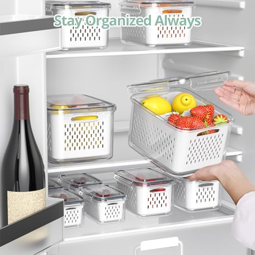 Fruit Storage Containers for Fridge with Removable Colander, 8 Pack Fruit Containers for Fridge with 2 Function Divider Plate, Airtight Storage Container to Keep Berry Fruit Fresh, Dishwasher Safe