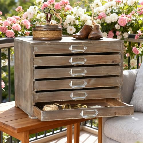 Vintage Wooden Desktop Organizer Cabinet with 6-Drawer Rustic Wood Shelf Drawer Antique Card Catalog Cabinet Distressed Decor Jewelry Cosmetics Craft Paper Storage Box for Home Office (Natural Color) - color: Natural Color