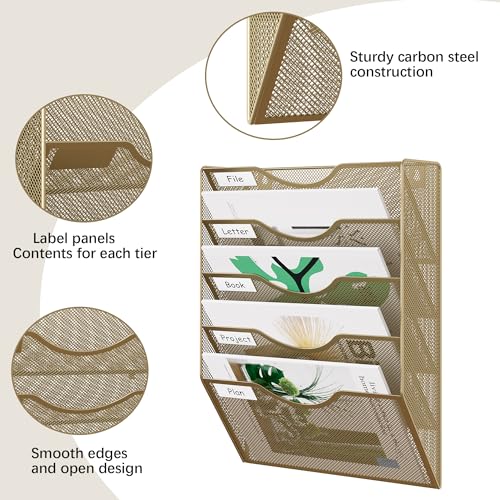 EasyPAG Wall File Organizer 5 Tier Hanging Paper Folder Holder, Zero Assembly Metal Mesh Wall Mounted Mail Organizer for Office Home Classroom Narrow Spaces, Gold - color: Gold, size: 5 Tier
