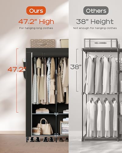 CASAMAYA Portable Closet, 34 Inch Large Capacity Wardrobe Closet with Cover, Clothes Storage Organizer with Shelves and 2 Hanging Rods, Easy to Assembly, Black PCT202B01 - size: 34"L x 17.7"W x 70.9"H