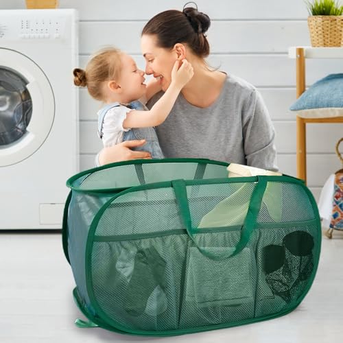 2 Pack Collapsible Laundry Baskets, Upgrade Pop Up Laundry Hamper with Convenient Bags, Foldable Laundry Basket Mesh Light Weight, Easy to Carry Clothes Hampers for Laundry, Dorm, Toys, Travel Green - color: 2xGreen