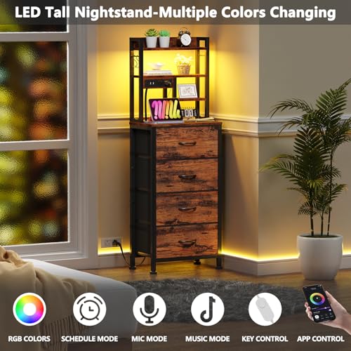 Furnulem Tall Night Stand, LED Nightstand with Charging Station and USB Ports, 4 Fabric Drawers and 4 Tier Storage Shelf, Bedside Table for Bedroom, Home, Dorm, Office (Rustic Brown) - color: Rustic Brown, size: 4 Drawer