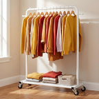 Sywhitta Clothing Rack on Wheels with Mesh Storage Shelf & Sturdy Metal Frame, Rolling Garment Rack for Hanging Clothes, Coats, Skirts, 39.76" L x 16" W x 64.56" H,White - color: White