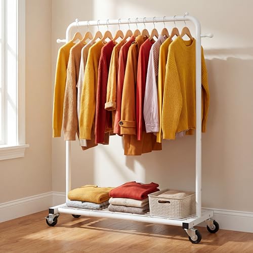 Sywhitta Clothing Rack on Wheels with Mesh Storage Shelf & Sturdy Metal Frame, Rolling Garment Rack for Hanging Clothes, Coats, Skirts, 39.76" L x 16" W x 64.56" H,White - color: White