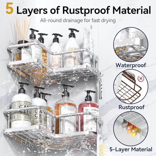 YASONIC Corner Shower Caddy Organizer, 5-Pack Self-Adhesive Rustproof Bath Shelves with Soap Holder & 4 Hooks, Large Capacity Shower Storage Rack for Bathroom Organization, Silver - color: Silver, size: 5Pack