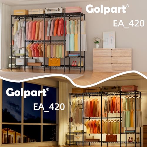 Golpart Heavy Duty Garment Rack Clothes Rack,Large Metal Closet Organizer System Storage Wardrobe,Freestanding Clothing Rack with Adjustable Wire Shelves& Hang Rods,MaxLoad 1000lbs - color: Black, size: 15.75"D x 68.9"W x 77"H