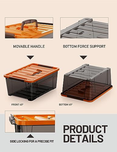 WYT 5-Quart Small Storage Container Bin with Orange Secure Lid and Black Clear Latch Buckles, Durable Plastic Stackable Nestable Organizin, 6-Pack - color: Orange