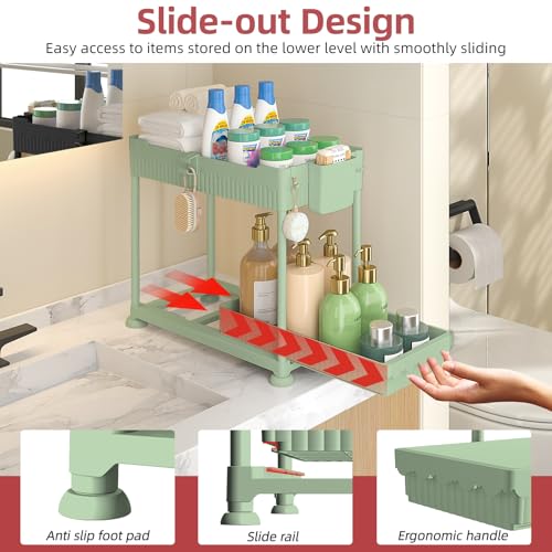 Sevenblue Under Sink Organizer, Bathroom Organizers and Storage, 2 Tier Multi-Use Pull Out Cabinet Organizer with Hang Hooks and Cups (Green, 4 Pack) - color: Green, size: 12.8 Inch