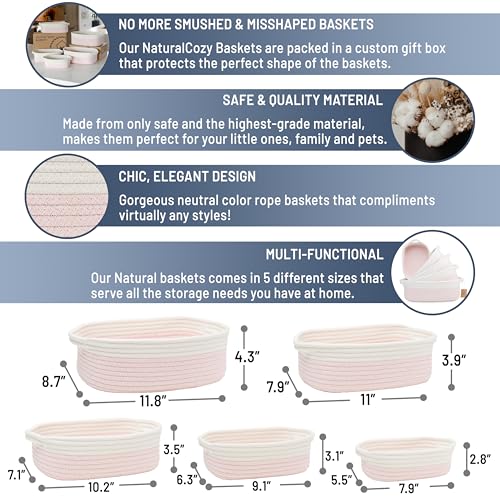 NaturalCozy 5-Piece Rectangle Storage Basket Set- Natural Cotton Rope Woven Baskets for Organizing! Small Basket for Montessori, Baby Nursery, Dog Toy Baskets, Cat Toy Box, Bathroom Organization Bin - color: Off White & Mixed Pink