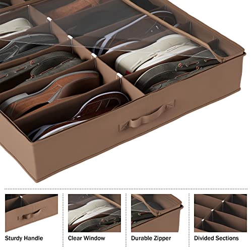 Everyday Home Under Bed Storage Shoe Organizer Bag with Clear Plastic Zippered Cover, Stores 12 Pairs of Shoes (Brown) (Pack of 2) - size: 2 pack