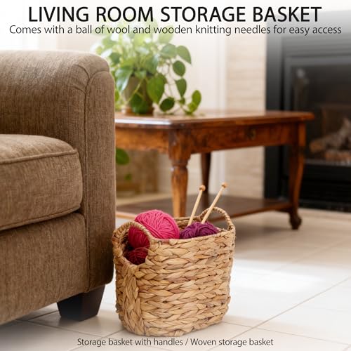 Water Hyacinth Storage Basket with Handles, Woven Boho Storage Basket for Organizing, 11.8" x 7.87" x 8.66" Natural Oval Handwoven Basket for Shelf, Bathroom, Living Room