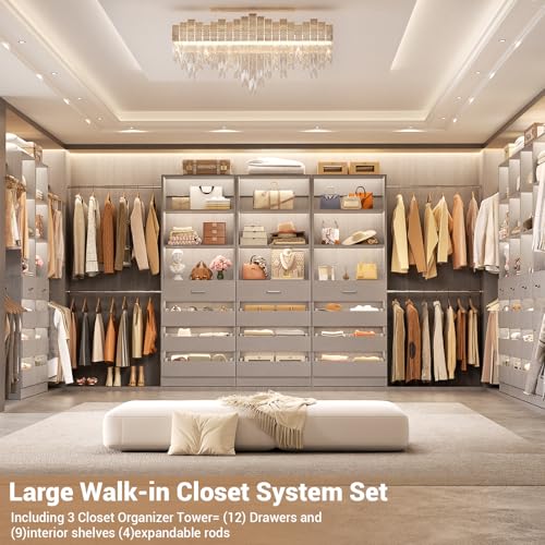 Aheaplus Closet System with 12 Drawers, 8.5-11.5Ft Wood Closet Organizer System with 4 Hanging Rods & 3 Towers, 4Ft & 6Ft L-Shaped Walk-in Closets Wardrobe Organizer Clothes Rack, Set of 3, Grey1 - color: Grey