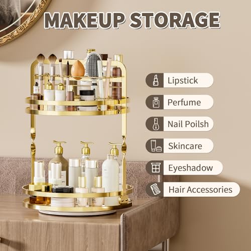 360° Rotating Makeup Organizer, 2-Tier Gold Perfume Organizer for Dresser, Bathroom Organizers Countertop, Perfume Shelf with Makeup Brush Holder, Skincare Holder Cosmetic Display(Gold) - color: Gold