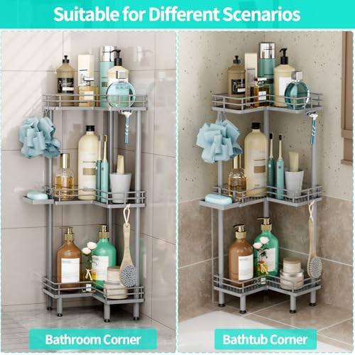 HapiRm Corner Shower Caddy Standing - 3 Tier Shower Organizer Corner with Soap Holder, Rustproof Bathroom Standing Organizer with 4 Hooks, Grey - color: Grey, size: 3-tier