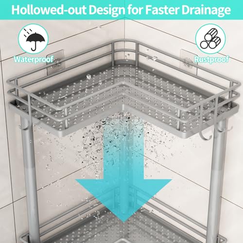 HapiRm Corner Shower Caddy Standing - 3 Tier Shower Organizer Corner with Soap Holder, Rustproof Bathroom Standing Organizer with 4 Hooks, Grey - color: Grey, size: 3-tier