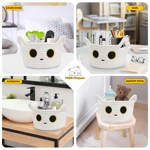 Small Storage Cute White Cat Cotton Rope Woven Basket for Nursery, Blanket Basket Organizer With Ears Toy Storage Bin Box 8.5×4.5 inches - color: White, size: 9 × 5 inches