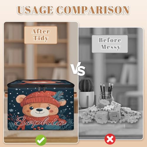 Custom Storage Basket with Name, Personalized Storage Bins with Zipper Lid, Foldable Fabric Storage Box Large capacity with Handle Red Hat Scarf Bear - color: Option 14