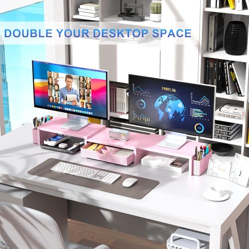 gianotter Dual Monitor Stand Riser, Desk Organizer With Drawer and 2 Pen Holders,Desk Organizers and Accessories, Pink Office Supplies (Pink) - color: Pink