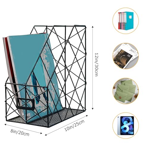 Modern Geometric Metal File Organizer for Desk, 8"×10"×12" Iron Mesh Magazine Holder, Desktop Document Rack Storage for Office Supplies, Vertical Book Stand File Folder Rack (Black) - color: Black