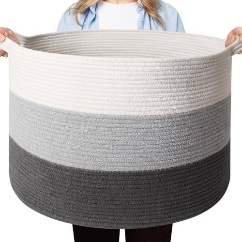 Extra Large Blanket Basket - Cotton Rope Basket for Storage, Blanket Storage for Living Room, Round Kid Dog Toy Bin Box, Large Woven Throw Pillow Holder Organizer, Towel Shoe Bin(22"x14") - color: 3-toned Gray