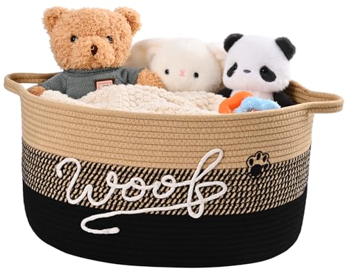 Woof Dog Toy Basket with Handles, Large Dog Toy Storage Bin with Paw Print, Woven Dog Basket for Blankets, Toys, Chews, Pet Toy Box for Nursery, Living Room, Bedroom, 17”x12”x9, Black - color: Black