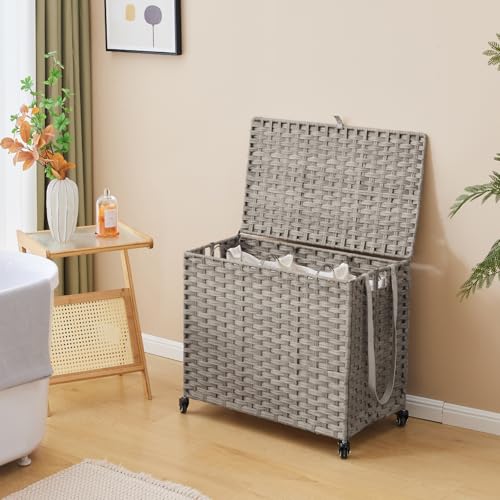 Laundry Hamper with Wheels, 34.3 Gallon(130L) Rolling Laundry Basket with Lid, 3-Section Rattan Clothes Hamper with 3 Removable Liner & 3 Mesh Bags, Laundry Sorter with Side Pocket, Grey - color: Grey, size: 130L（23.62 x 15.75 x 21.65 Inches）