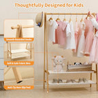 Foldable Kids Clothing Rack - Dress Up Storage with 2 Fabric Shelves, Bamboo Small Clothes Rack for Hanging Organizer, Kids Costume Wardrobe & Dress Up Rack for Bedroom, Playroom, Nursery (Natural)