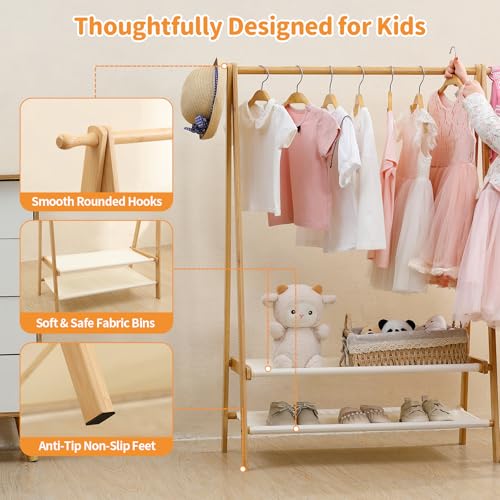 Foldable Kids Clothing Rack - Dress Up Storage with 2 Fabric Shelves, Bamboo Small Clothes Rack for Hanging Organizer, Kids Costume Wardrobe & Dress Up Rack for Bedroom, Playroom, Nursery (Natural)