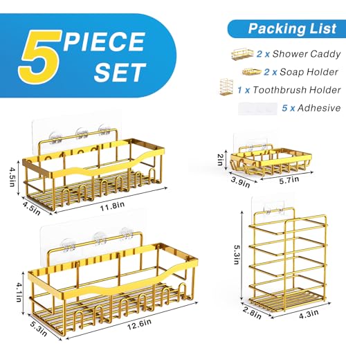 EUDELE 5-Pack Rustproof Stainless Steel Shower Caddy – No Drill Adhesive Bathroom Organizer with Large Capacity, Spacious Shower Shelves for Inside Shower, Kitchen & Home Decor Storage-XL Size - color: Bright Gold