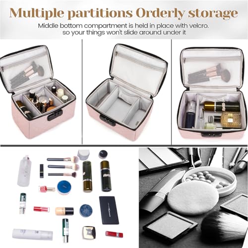 KaAutoler Portable makeup box with Lock, Large Capacity Travel Makeup Case Organizer, Makeup Bags for Girls Traveling With Handle and Divider Makeup Bag (Pink) - color: Pink