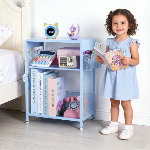 ECOLOVI Kids Nightstand 19in High for Floor Beds, 3-Tier Metal Small Bedside Table with Adjustable Storage Shelf, Basket & 3 S-Hooks, Low Nightstand for Nursery, Toddler Bedroom (Blue) - color: Blue