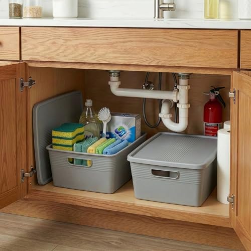 BINO | Plastic Storage Bins with Lids, 13 Liter - 3 Pack, Natural Grey | THE BRAIDED COLLECTION | Plastic Bins for Organization Woven Storage Baskets for Organizing Pantry Shelf Organizer Basket Bin - color: Natural Grey, size: 13L | 3-Pack
