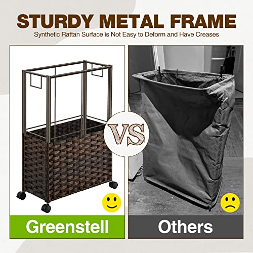 Greenstell Laundry Hamper with Wheels, 11.9 Gallon (45L) Small Clothes Hamper with 2 Removable Liner Bags & 2 Mesh Bags, Slim Rattan Laundry Basket for Bathroom, Bedroom, Brown - color: Brown, size: 45L (15.8 x 7.9 x 23.6 inches)