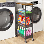 XYZLVSI Slim Storage Cart 4 Tier Fruit and Vegetable Baskets for Kitchen Small Space, Narrow Laundry Cart on Wheels with Wooden Top and Metal Handle for Pantry, Bathroom, Laundry Room - size: 16.7"Dx9.1"Wx34"H