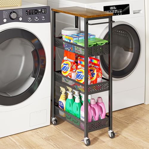 XYZLVSI Slim Storage Cart 4 Tier Fruit and Vegetable Baskets for Kitchen Small Space, Narrow Laundry Cart on Wheels with Wooden Top and Metal Handle for Pantry, Bathroom, Laundry Room - size: 16.7"Dx9.1"Wx34"H