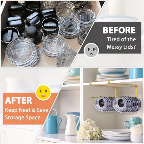 2 Pack Tumbler Lid Organizer, Horizontal Tumbler Lid Storage Hook to Hold Up 20 Lids, Space Saving Cup Lid Holders Under Cabinet Tumbler Lid Hook for Kitchen Organizer, Paper Towel Rack Hanger (Gold) - color: Gold, size: 2 Pack