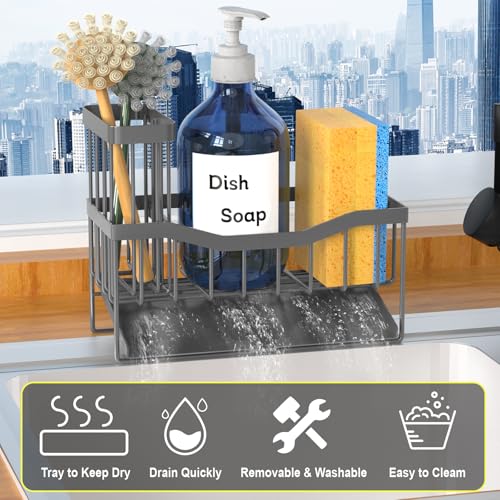Fssvcd Maifan Sink Caddy Sponge Holder for Kitchen with Brush Holder and Stainless Steel Self Drain Tray, Rustproof Kitchen Sink Organizer for Sponge, Soap Dispenser Storage Accessories Dark Gray - color: Dark Grey